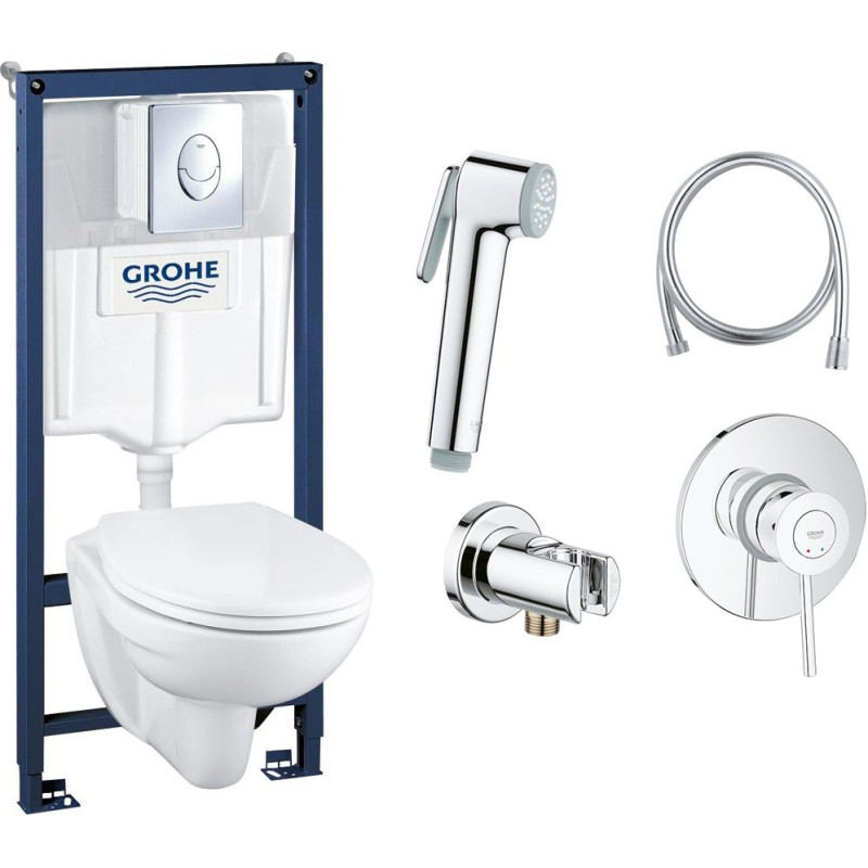 Комплект  Grohe Solido 39192000 подвесной унитаз + инсталляция + кнопка + Гигиенический душ Grohe BauClassic 124901 со смесителем