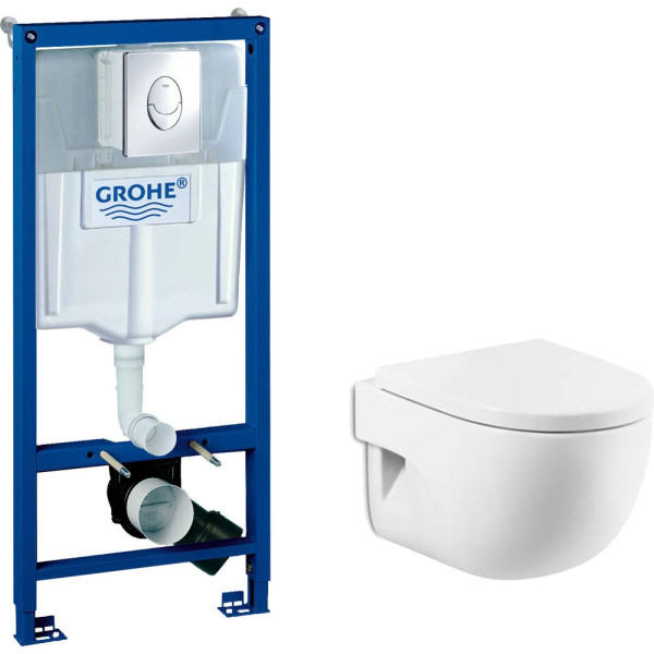 Комплект  Система инсталляции для унитазов Grohe Rapid SL 38721001 3 в 1 с кнопкой смыва + Чаша для унитаза подвесного Roca Meridian 346248000 укороче