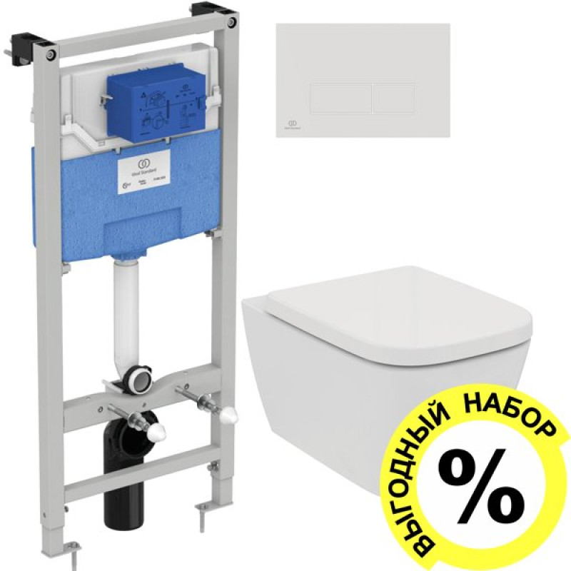Комплект Ideal Standard Чаша для унитаза T461401 + Крышка-сиденье T468301 + Система инсталляции R020467 + Кнопка смыва R0121AC белая