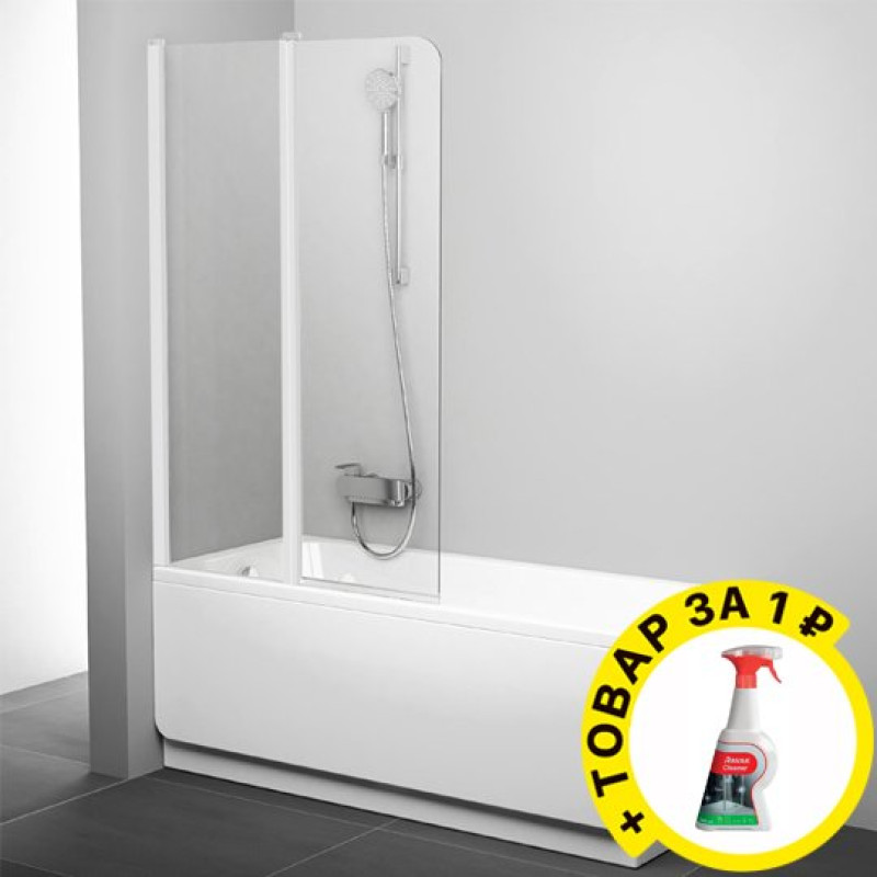 Шторка на ванну Ravak CVS2-100 L Transparent, профиль белый + средство для ванн и душевых кабин