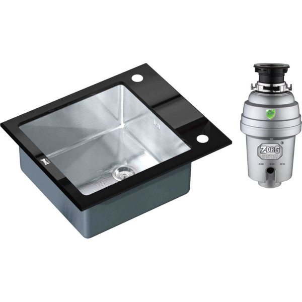Комплект  Мойка кухонная Zorg Inox Glass GL-6051-BLACK черное стекло + Измельчитель отходов Zorg Inox D ZR-38 D