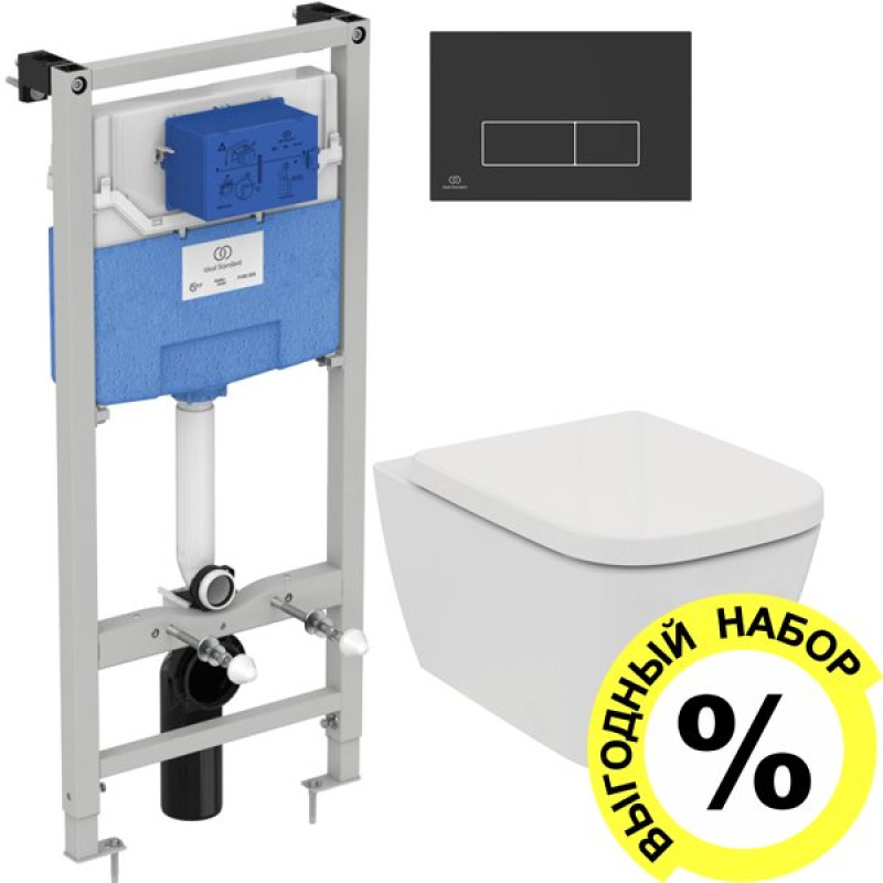 Комплект Ideal Standard Чаша для унитаза T461401 + Крышка-сиденье T468301 + Система инсталляции R020467 + Кнопка смыва R0121A6 черная