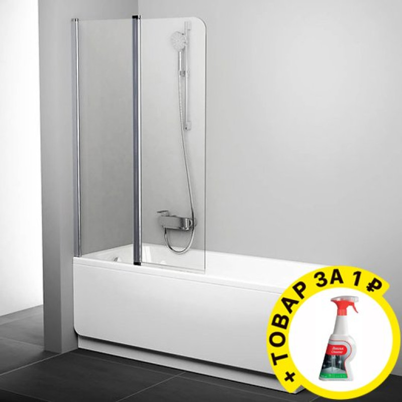 Шторка на ванну Ravak CVS2-100 L Transparent профиль блестящий + средство для ванн и душевых кабин