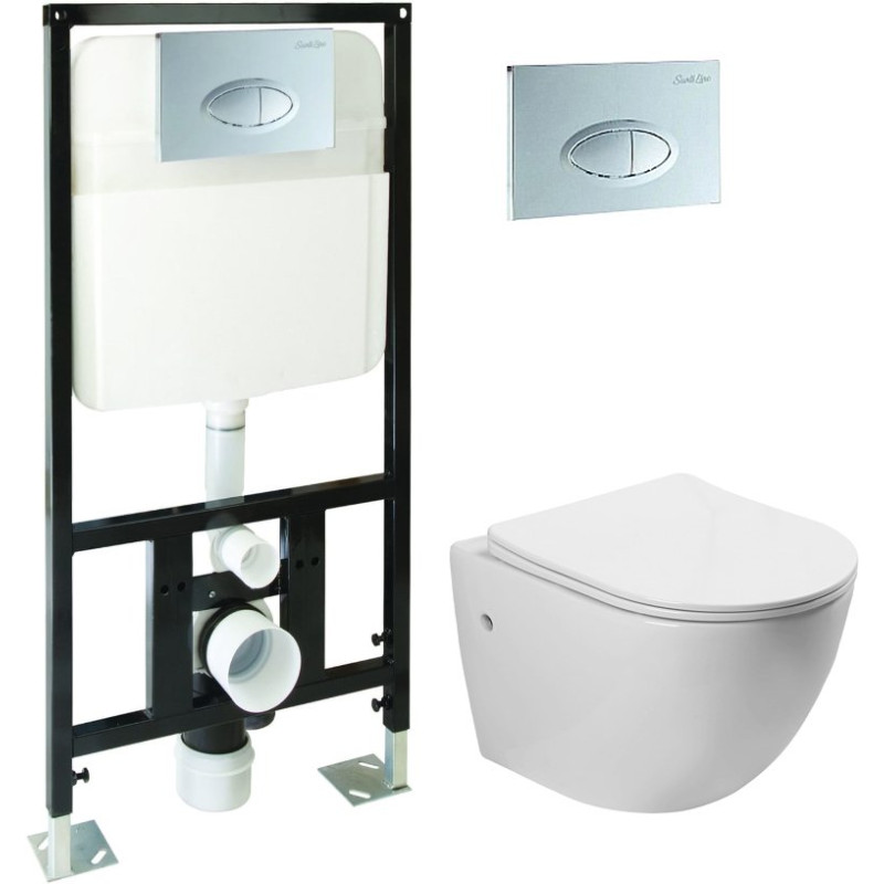 Комплект SantiLine SL-5018 + SL-01 безободковый унитаз, с микролифтом + система инсталляции с кнопкой смыва