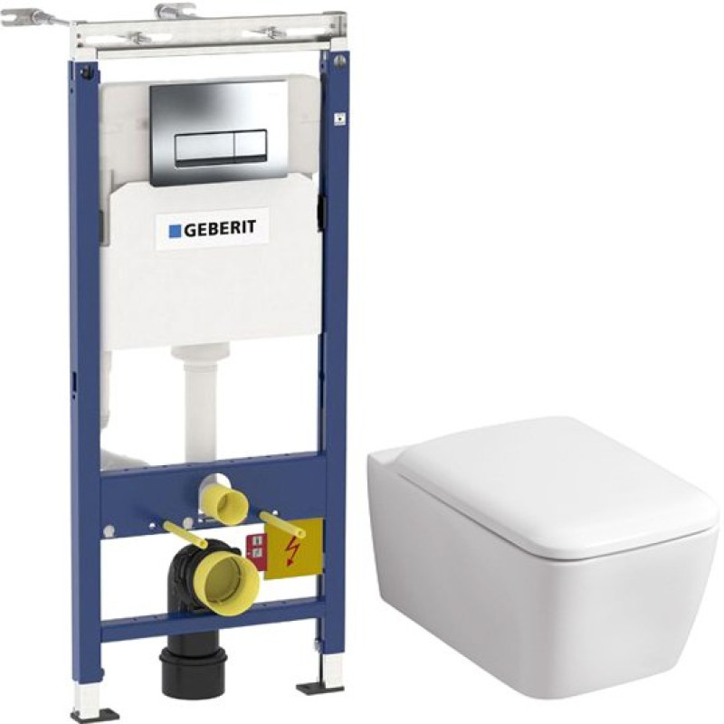 Комплект  Чаша для унитаза подвесного Geberit iCon Square 201950000 + Крышка-сиденье Geberit iCon Square + Система инсталляции для унитазов Geberit Duofix Платтенбау 458.1